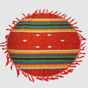 Fiesta Red Mexican Round Table Cloth Textile Cinco de Mayo 59" Colorful Vintage‎